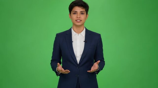 Professional woman in navy suit presenting ideas with expressive hand gestures against a vibrant green screen backdrop for versatile editing
