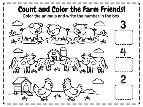 Count and color the farm friends math worksheet for kids featuring pigs, cows, chickens, and barns for number practice