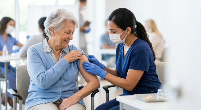 Nurse applying a bandage to a senior woman after vaccination. Elderly patient receiving an immunization in a public health clinic. Healthcare and prevention concept
