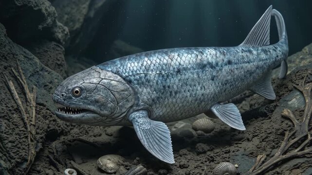 Cheirolepis, Devonian bony fish, primitive hand fin, wide jaws, ganoid scales, predator, scientifically accurate 3D representation
