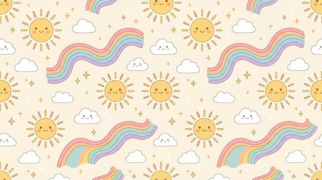 Cute smiling suns, fluffy clouds, and colorful pastel rainbows on a light yellow background