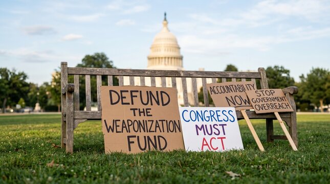 Cardboard protest signs leaning against wooden bench on lawn in front of government building. Social activism and political dissent concept. Citizen demand for legislative reform.