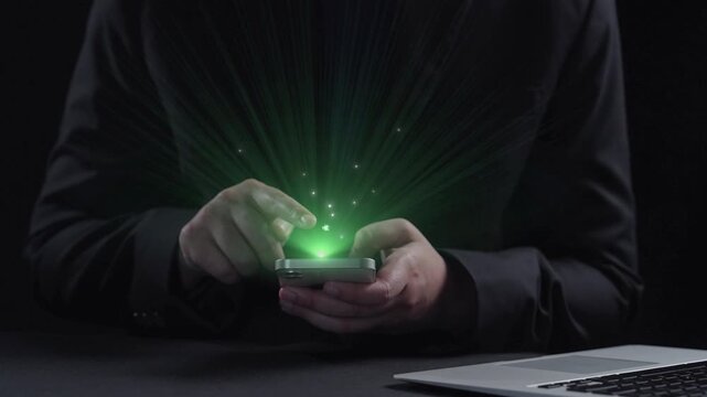 A modern business setting showcasing a smartphone displaying a glowing digital earth, symbolizing commitment to net zero and sustainability through technology and innovation. Qubit