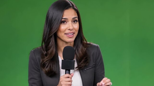 Professional Woman With Dark Hair Speaking Confidently Into Microphone, Gesturing With Hands