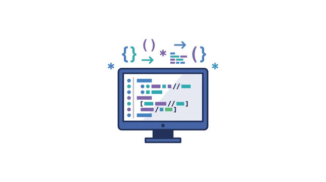 Computer Screen with Programming Code and Software Development Symbols