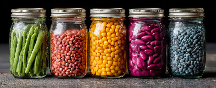 Colorful jars of different types of dried beans and legumes arranged on a wooden surface under bright light during the daytime