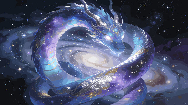 A majestic cosmic dragon coiled within a swirling galaxy, its scales shimmering with stardust and nebulae.