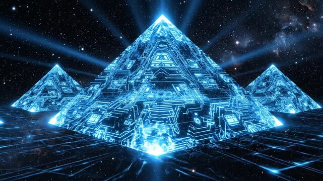 Digital pyramids with glowing circuit patterns pulsate with energy in a starry cosmic environment, symbolizing advanced technology and ancient mysteries.
