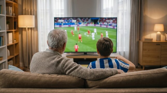 Grandfather and grandson watching soccer on tv at home