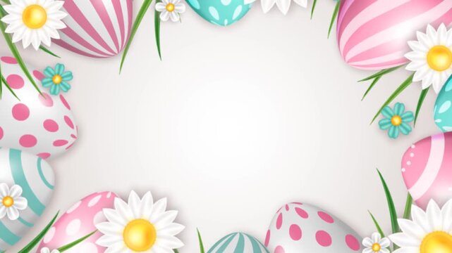 Easter Border Frame with Animated Eggs and Spring Flowers, Happy Easter Animated Background with Colorful Eggs and Floral Elements