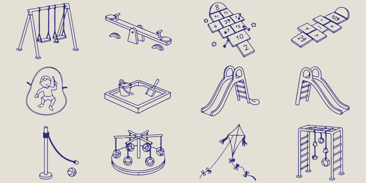 Playground equipment icons set with swing seesaw hopscotch dominoes baby seat sandbox slides and climbing frame hand drawn vector illustration art design graphic elements

