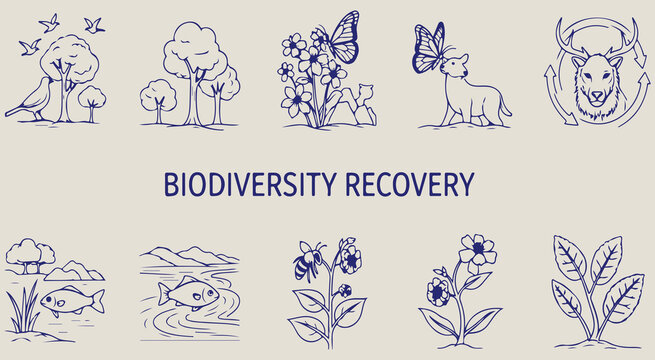 Biodiversity recovery nature icons set featuring mushrooms trees flowers butterfly deer goat fish water and plants hand drawn vector illustration art design environmental
