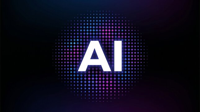 Digital AI technology concept with glowing futuristic letters on dark grid background