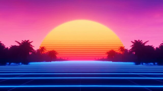 Tracking shot forward over neon grid toward sun with palm silhouettes approaching horizon on tropical island beach in retro synthwave sunset