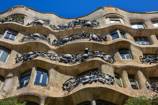 Architecture detail of Famous Casa Mila (La Pedrera, 1906 - 1910) - civil building, designed by Antoni Gaudi. BARCELONA, SPAIN. June 8, 2026.