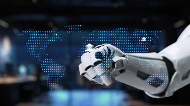 A robotic hand reaches toward a digital map filled with financial graphs and upward arrows, symbolizing advancements in technology and the finance sector. Synapse