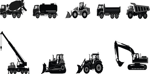 Detailed vector silhouettes of construction vehicles including concrete mixer, dump truck, excavator, mobile crane, bulldozer, and tractor on white background © RABBI