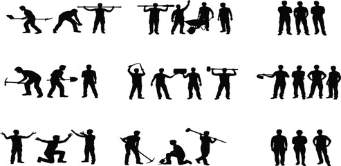 Construction workers silhouette set operating shovel pickaxe wheelbarrow and heavy tools in various manual labor team action poses vector collection © RABBI