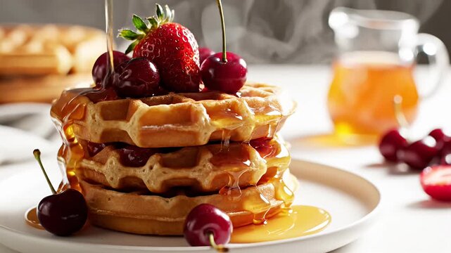 Stack of waffles topped with fresh cherries and honey.
