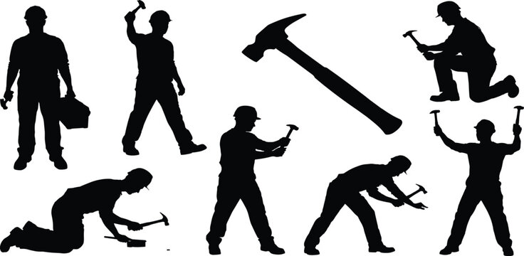 Construction worker silhouette set hammering wearing hard hat safety helmets featuring builders carpenters and contractors in various hand tool poses