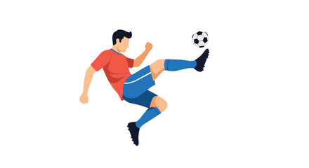 Fototapeta premium Professional soccer player kicking a football ball in mid-air flat illustration isolated on white background
