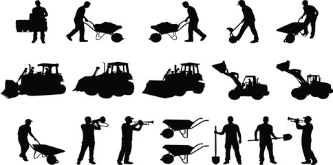 Construction workers machinery and wheelbarrow silhouette set featuring industrial laborers heavy equipment operators shovel diggers and trumpet players vector © RABBI
