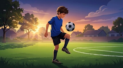Naklejka premium Young boy practicing soccer skills and juggling a ball on a green field during a warm golden sunset