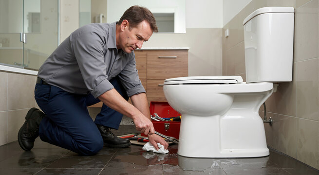 Male plumber wiping up large water leak around toilet base. Professional fixing bathroom plumbing emergency on tiled floor