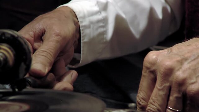 Close Up of Man Hand Releasing Crank and Starting Vintage Gramophone - 4K