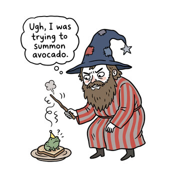 Stressed wizard trying to summon avocado fails with frog on toast.