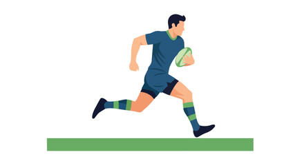 Obraz premium Athletic Male Rugby Player Running with Ball on Green Field Illustration Isolated on White
