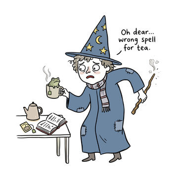 Confused wizard holding tea cup with frog inside.