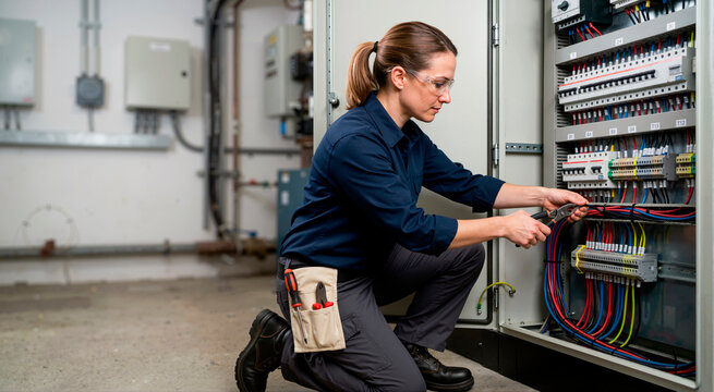 Female electrician using pliers on wiring inside an industrial control panel. Woman technician wearing safety glasses working on electrical maintenance. Commercial power installation concept