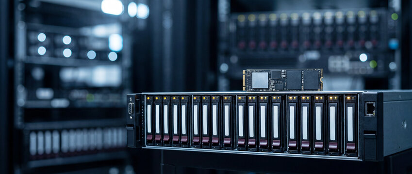 High-density server rack with NVMe SSD and hot-swap drive bays in modern data center