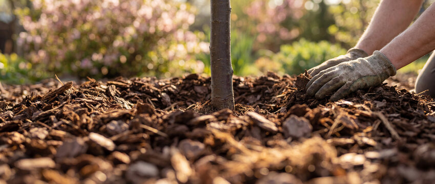 Gardener mulching around young tree with gloves in sunny backyard landscape