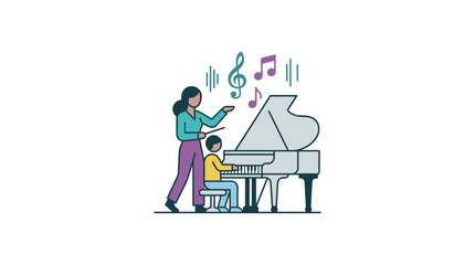 Music teacher demonstrating piano techniques to a young student in a modern classroom. © MD