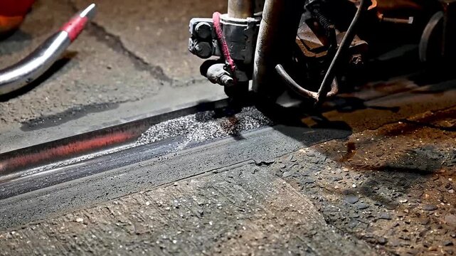 Close-up of a worker servicing the groove of an embedded tram rail with a torch at night the steel rail glowing as the flangeway is cleaned during urban tramway track maintenance and night road works.
