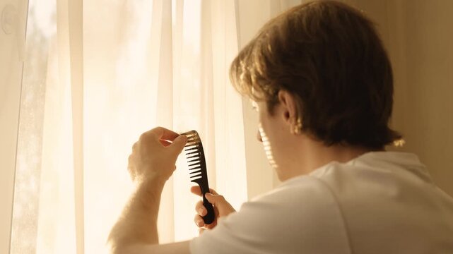 Sad man pulling lost hair from a comb by the window. Male alopecia and grooming concept highlighting stress-related hair loss and thinning. High quality 4k footage