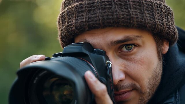 Close Portrait of Male Photographer Wearing Knit Hat and Looking Through Large Camera Viewfinder Outdoors
