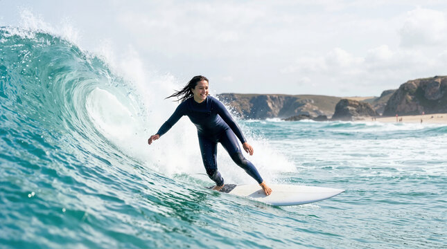 Female surfer riding a breaking wave on a white surfboard. Smiling young woman in wetsuit enjoying extreme water sports near a rocky beach