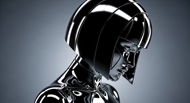 Detailed 3D render of chrome female humanoid robot head.