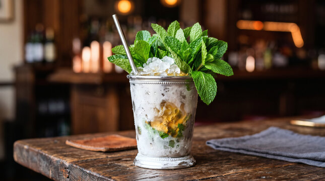Classic mint julep cocktail in silver cup on rustic wooden bar