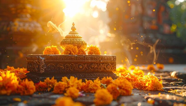 Sacred stone altar with bright orange flowers and ceremonial incense smoke for Inti Raymi festival