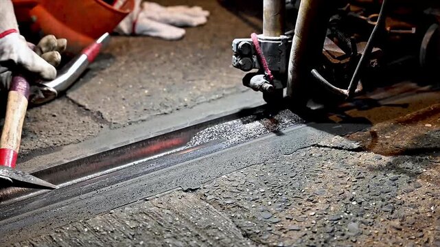 Close-up of a worker servicing an embedded tram rail with a tool at night the steel groove glowing during urban tramway track maintenance and night road works in the city.