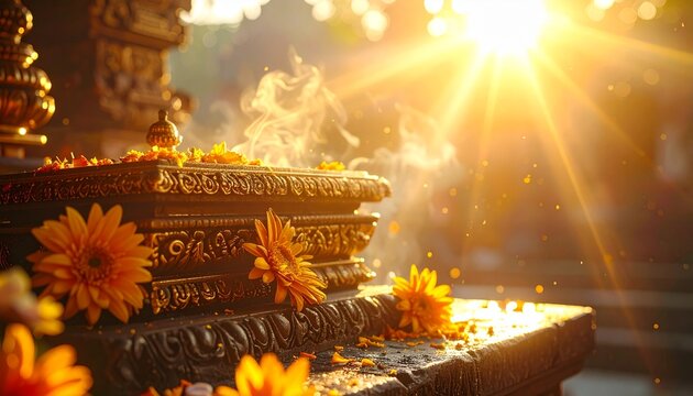 Close up of golden Inti Raymi altar decorated with yellow flowers under bright dynamic sunrise light