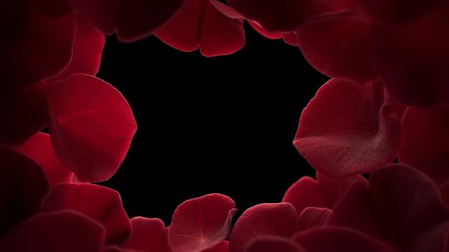 Slow motion close up of red rose petals drifting and falling to form frame around black background on dark studio backdrop