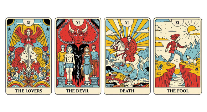 tarot cards, major arcana, the lovers, the devil, death, the fool