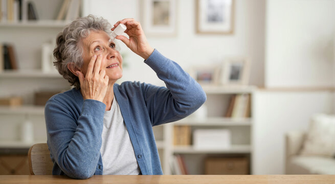 Elderly woman applying eye drops at home. Senior female patient treating dry eyes or glaucoma with medication. Eye care and vision health concept