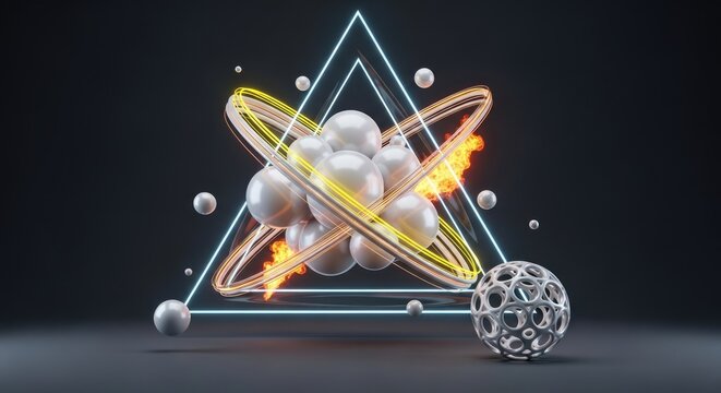 3D geometric art with neon triangles and white spheres.