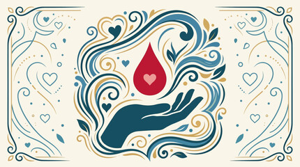 Fototapeta premium Generosity and Compassion Artistic Hand Holding Blood Drop with Heart Symbol Illustrating Healthcare Donation and Love Victoria Day